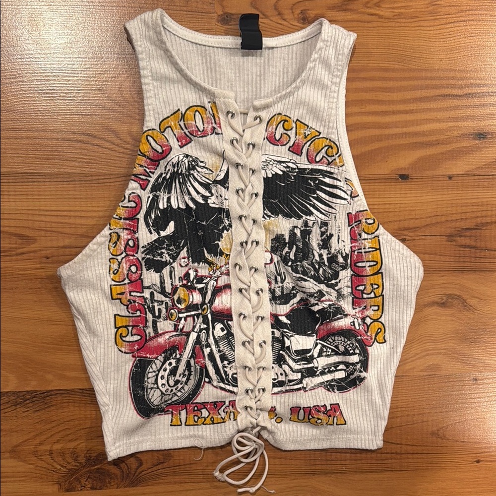 Classic Motorcycle Graphic Lace-Up Tank Top